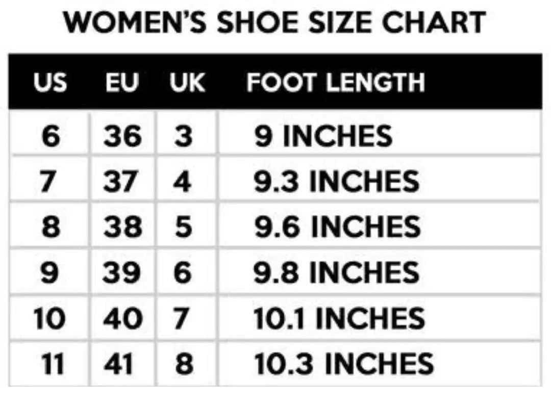 Women's shoe size chart US 6 to 11