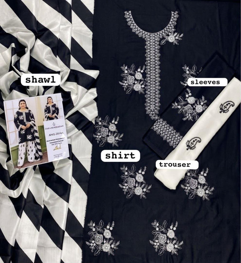ZARA SHAHJAHAN Dhanak embroidered 3PC black white fabric details
