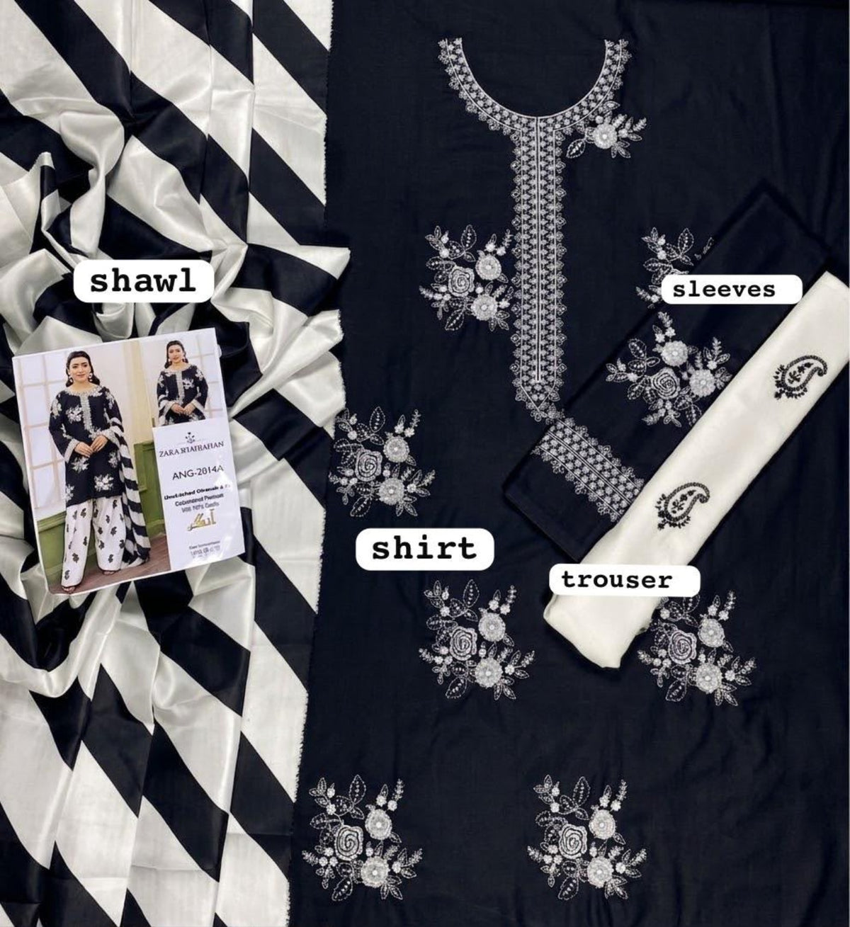 ZARA SHAHJAHAN Dhanak embroidered 3PC black white fabric details