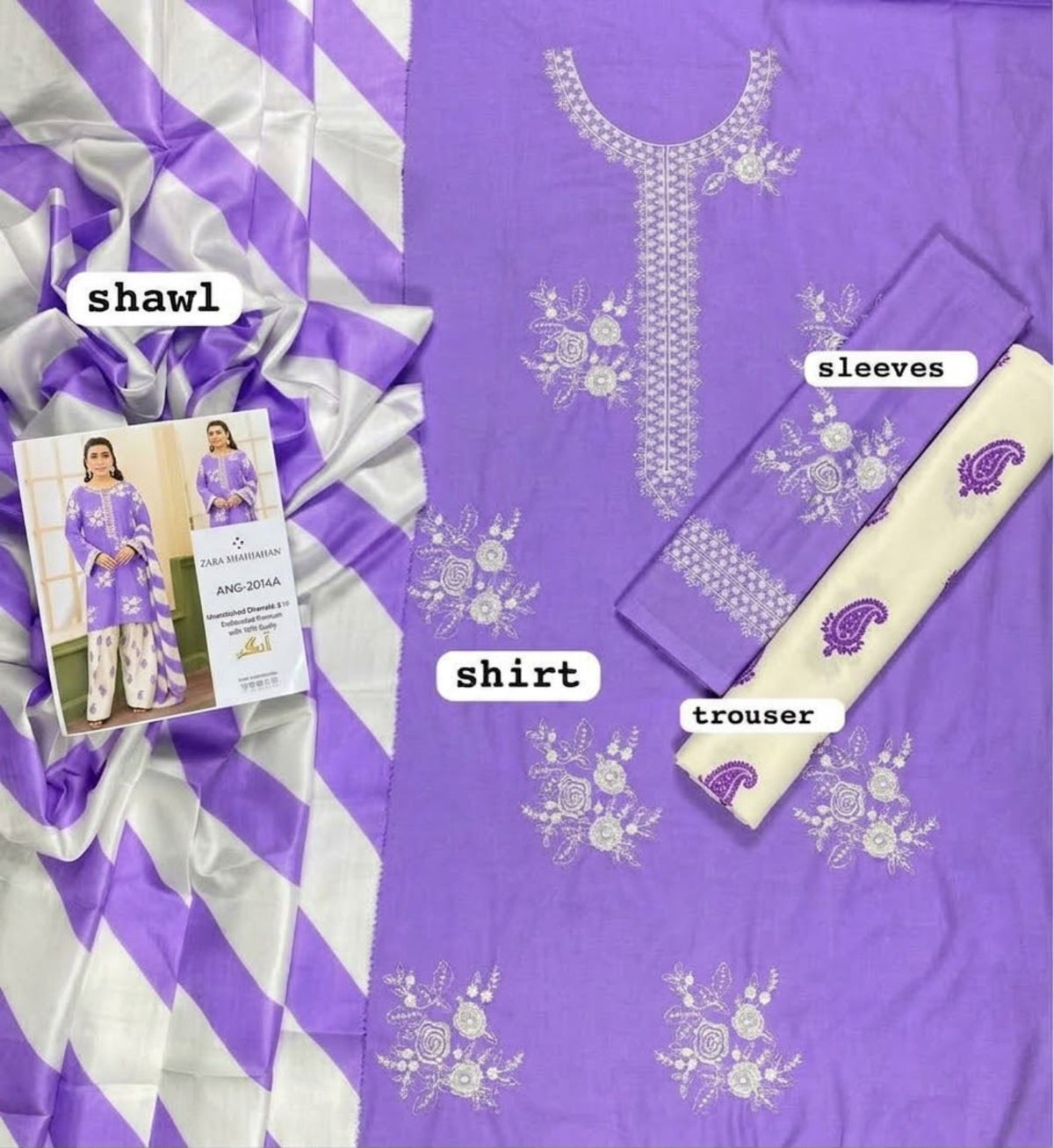 ZARA SHAHJAHAN Dhanak embroidered 3PC purple white fabric details